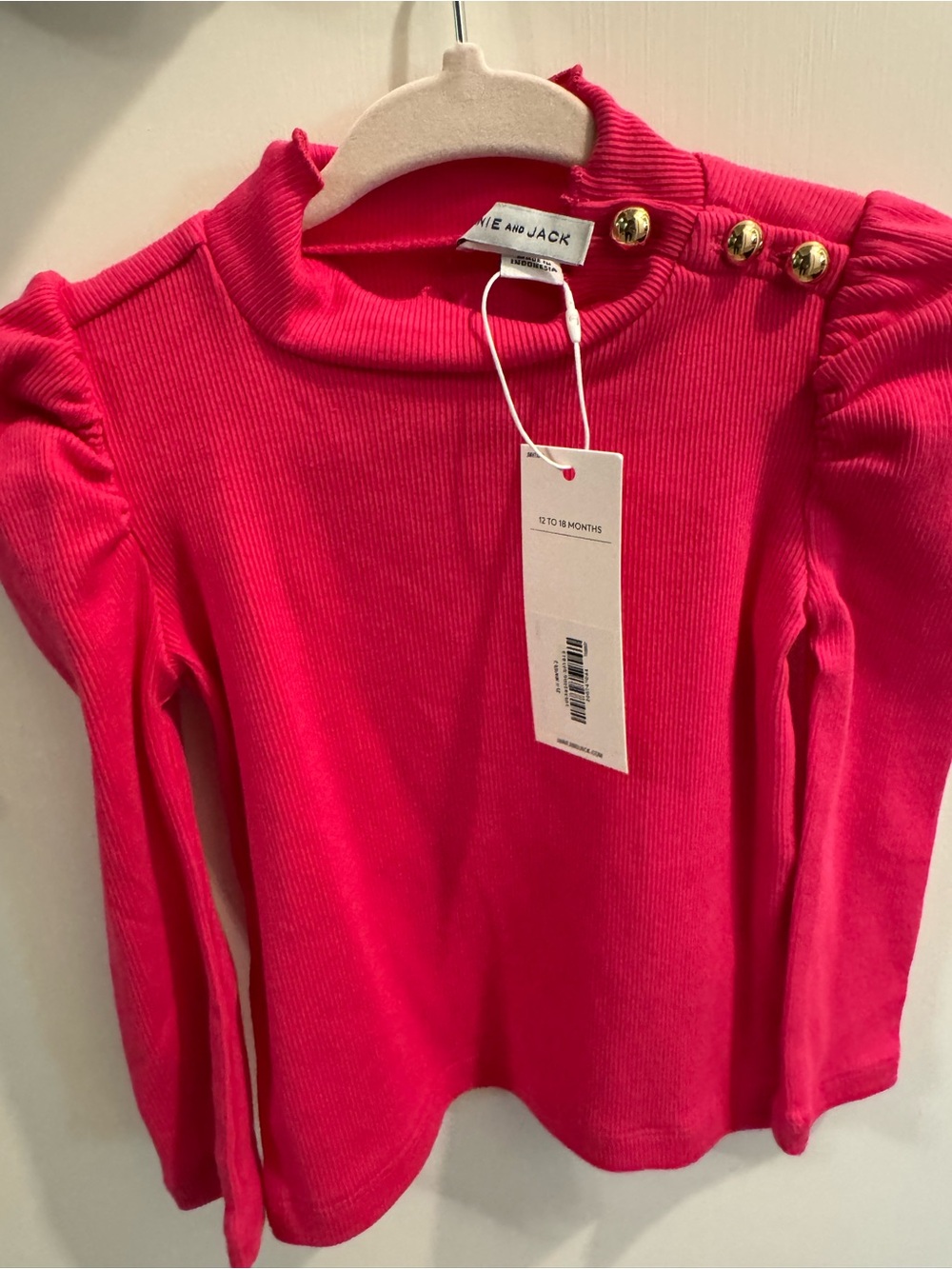 NWT Janie and Jack Hot Pink Ribbed Long Sleeve Top with Gold Shoulder Buttons